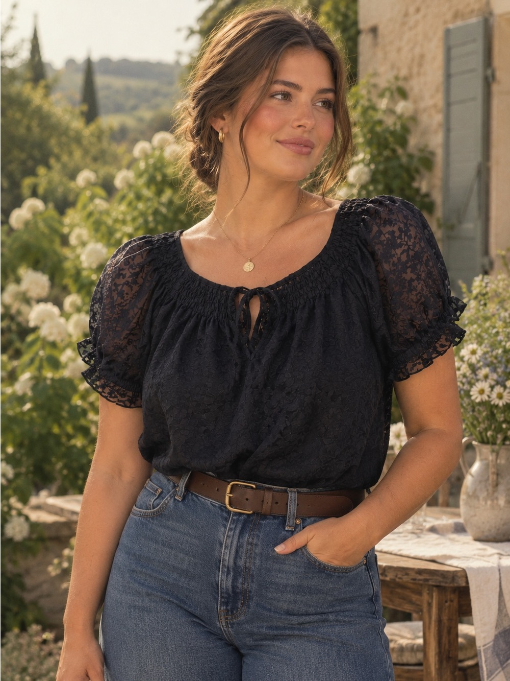 Navy Peasant Style Blouse